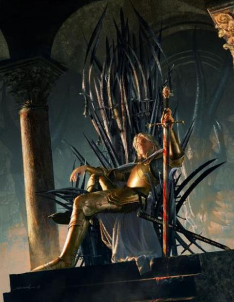 Jaime Lannister, el matarreyes, sentado sobre el trono de hierro tras asesinar al rey que juró proteger